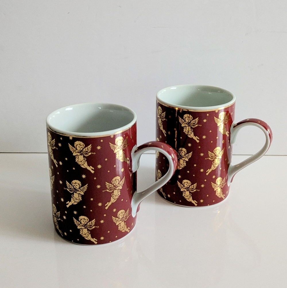 2 Vintage Cherub Coffee Mugs Wine The English Collection London Gold Angels